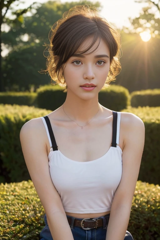 ((top-quality、8K、masterpiece: 1.erfect Body Beauty: 1.4、Slender Abs: 1.2、Beautiful woman with slender abs:1.3、(Highlight Haircutreast B Cup:1.2), medium breast, round shape breast, perfect shape breast, she is meditation in lotus position , ((white, transparent, loose sleeveless tank-top, wide neck, black straps,)) ((bra straps)) necklace, hyperdetailed face、18year old、 Pretty women、(Dark brown short-cut hair), Slim Face、Highly detailed facial and skin texture、very detailed lips、opens legs、top-quality、masterpiece、超A high resolution、(Photorealsitic:1.4), long shot , (in park with blur background), bright background, sunset light,