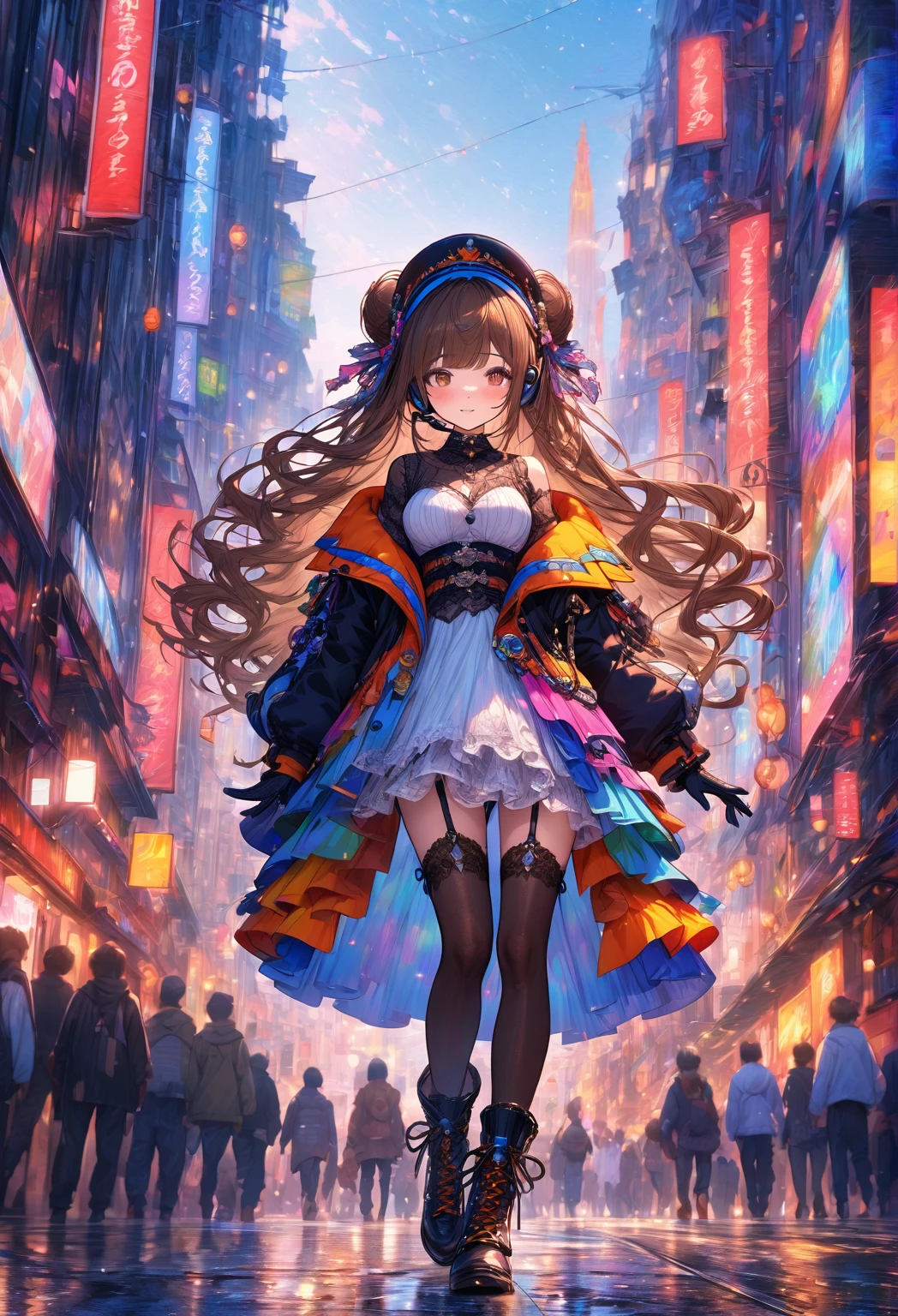 ((masterpiece:0), best quality, very aesthetic, newest, absurdres, detailed, high quality)
BREAK
highest quality, top quality, details, highres, ultra fine painting, digital art, official art, cinematic, 4k, 8k resolution, 8K CG wallpaper, CG, original artwork, detailed background, colorful background, blue atmosphere, High Dynamic Range, blurry background, blue hour, Starburst effects, crepuscular rays, good ISO, high resolution, wide shot, from far away, RAW photo, POV, sharp focus, light reflection, reflections, intricate details, soft light, particle noise, professional photography, bokeh, depth of field, natural lighting, vibrant colors, looking away, detailed lights and shadows, stylish, ultra-detailed, top rated on Pixiv, trending on Artstation, niji style, modern-days, master crafted, pose
BREAK
solo, 1girl, a girl, correct fingers, detailed hair, (medium big breasts:1.2), big thighs, short torso, short body, flushtered, blush, anxious expression, casual, slim, ((cute, childlike face):1.3), nice hips, nice body, brown hair, (long flowing hair:1.1), big 2 buns hairstyle, long bangs, long hair, middle hair bangs, brown eyes
BREAK
((colorful modern style costume:1.5), off shoulder T-shirt, skirt, headset, jacket, cap, belts, gloves, boots, stockings, garterbelt, accessories, outfit ornaments, , (full body:1.3))
BREAK
a close up of a person walking down a street with a crowd of people, crowded street, crowded streets, in front of a large crowd, giant crowd, girl walking through city, people walking down a street