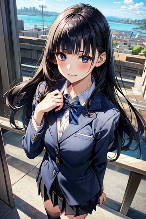 (masterpiece:1.2, Highest quality), (Realistic, photoRealistic:1.4), Beautiful illustrations, (Natural Side Lighting, Cinema Lighting), ,
avert your eyes, (Face Focus, Upper Body, Front view:0.6), 1 Girl, high school girl, Japanese, Perfect Face, Perfect Anatomy, Cute and symmetrical face, (Round face), Shiny skin,
(Long Hair:1.6, Hime cut:1.5, Black Hair), Blunt bangs, blue eyes, Big eyes, Long eyelashes, (Medium chest),
Beautiful Hair, Beautiful Face, Beautiful attention to detail, Beautiful clavicle, Beautiful body, Beautiful breasts, Beautiful thighs, Beautiful feet, Beautiful fingers,
(((navy , navy school blazer:1.2, navy pleated mini skirt), Closed blazer, Grey bow tie, White collared shirt), Black thigh-high socks),
(Beautiful views), Depth of written boundary, morning, (Riverside, distant cityscape), Are standing, (Place your hand on your chest), (Cute smile, Open your mouth),
