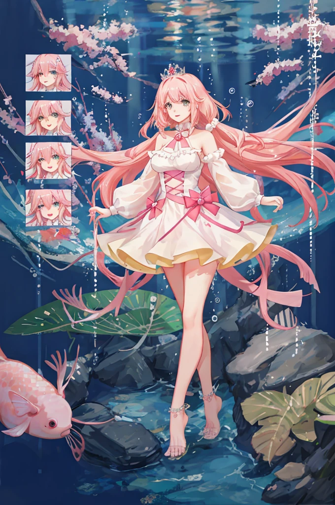 ((best quality)), ((masterpiece)), (detailed), 1 girl, anime girl, ((axolotl girl)), monster girl, blush, gentle smile, pink hair, princess dress, flowing dress, exposed shoulders, underwater background, full body, ((large breasts)), floating pose, teal eyes, beautiful, ((intricate outfit)), ((absurdres)), front view, thick thighs, tiara, barefoot, anklet