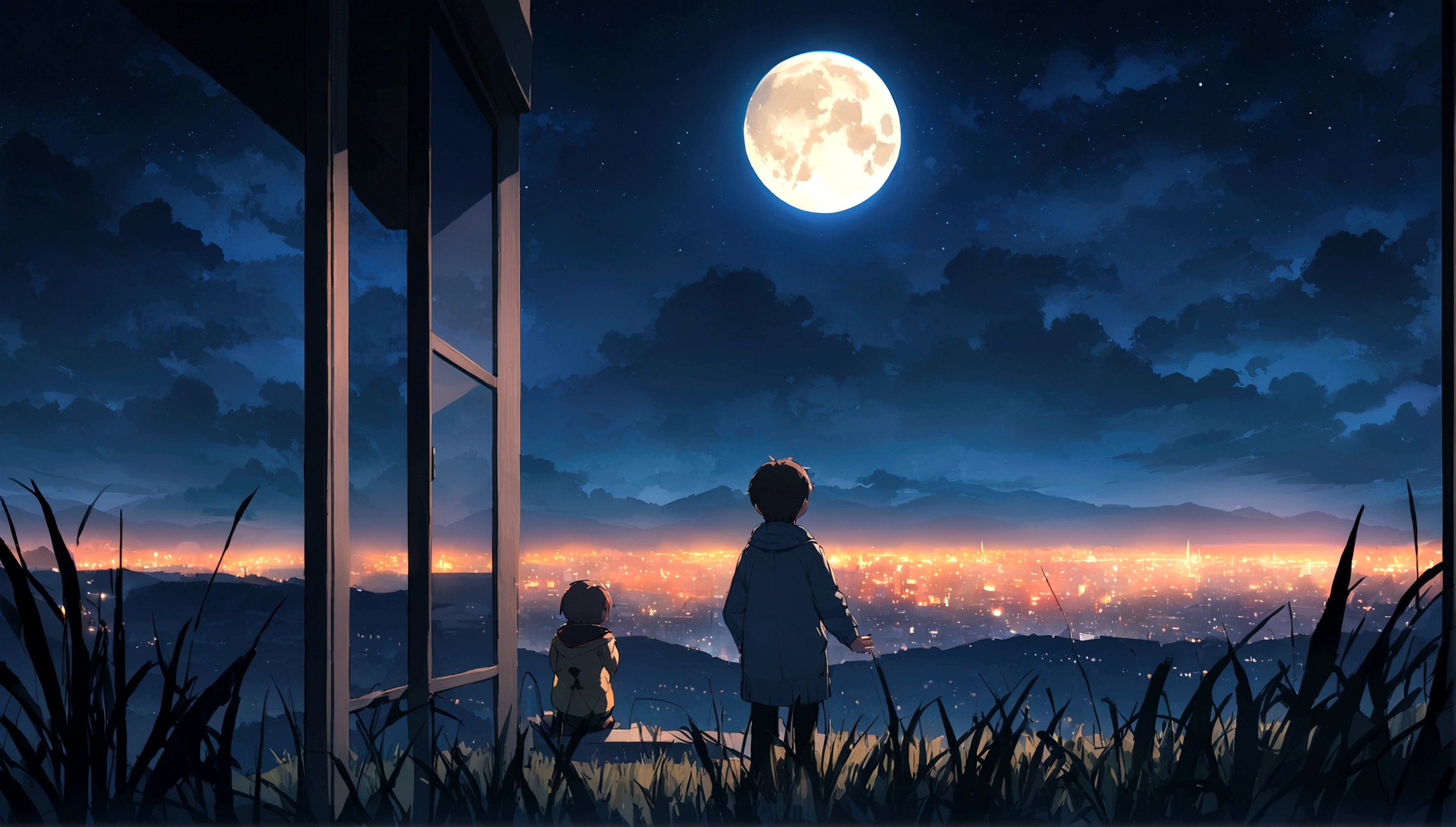 City of night、Night Skyは素晴らしい、Night Sky、3 year old little boy sitting on top of a building、Brown Hair、Back view、The city is brightly lit by the moon、Highest quality、Anime Scenery、Xin Haichen、building、Field、Night Sky 110207, distant 3 year old little boy staring at the,(Zoom out:1.1),(Night Sky:1.2)、(Night Sky:1.1,yourname、Low Angle、From behind、Alola、Night Sky、grassland、Standing in the Field、Highest quality、masterpiece、cloud、colorful、Night Sky、