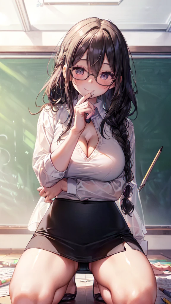 (Ultra-high resolution of the highest quality, masutepiece, Best Quality, 8K, Super Detail, Best Quality:1.3), (Anatomically correct:1.2), (1  female teacher:1.6), (large breasts:1.1), (drooping eyes:1.3), (blush cheek, blush body:1.3), (wavy hair, braid hair:1.2), (long hair:1.2), (black hair:1.2), (glasses:1.3), (white blouse, pencil skirt:1.7), (class room:1.1), front view, Extremely cute, (extremely detailed beautiful face), Authentic skin texture, beautiful hair, beautiful face, beautiful eyes, beautiful body, beautiful hands, (clothed:1.6), (naughty face, seductive smile:1.6), (hair over eyes:1.5), (looking down:1.3), (face focus:1.6), cleavage breasts focus, (from below:1.3), (standing:1.2), (slouch:1.5), (Put hands on knees:1.4)