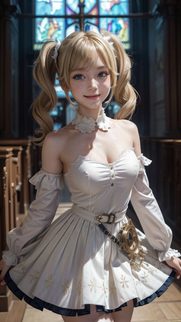 (extremely detailed CG unity 8k wallpaper,masterpiece, best quality, ultra-detailed, beautiful detailed eyes:1.2), high saturation, 1girl, barbara \(genshin impact\), frilled dress, bare shoulders, blonde hair, twintails, dancing, church, smile, looking at viewer,