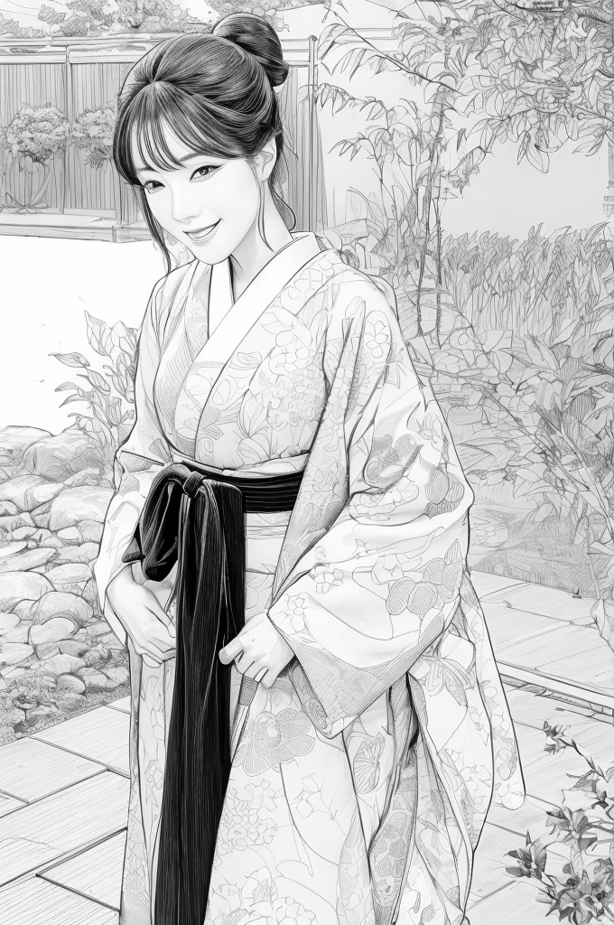 Please create a realistic ukiyo-e illustration of a cute, smiling woman in a kimono that conveys Japanese culture in various poses with (a Japanese garden in the background:1.5), using a simple black and white coloring book that even children can do. The illustration is a illustration with detailed facial features and cartoon-style visuals, (high contrast, sketch, monochrome, clean line drawings for coloring book:1.5)