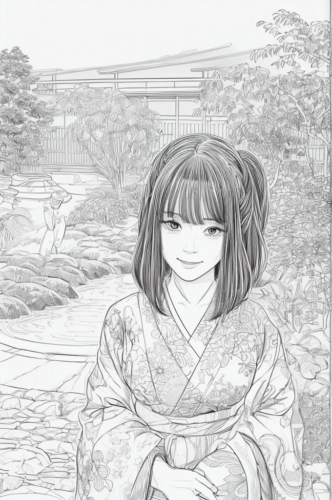 Please create a realistic ukiyo-e illustration of a cute, smiling woman in a kimono that conveys Japanese culture in various poses with (a Japanese garden in the background:1.5), using a simple black and white coloring book that even children can do. The illustration is a illustration with detailed facial features and cartoon-style visuals, (high contrast, sketch, monochrome, clean line drawings for coloring book:1.5)