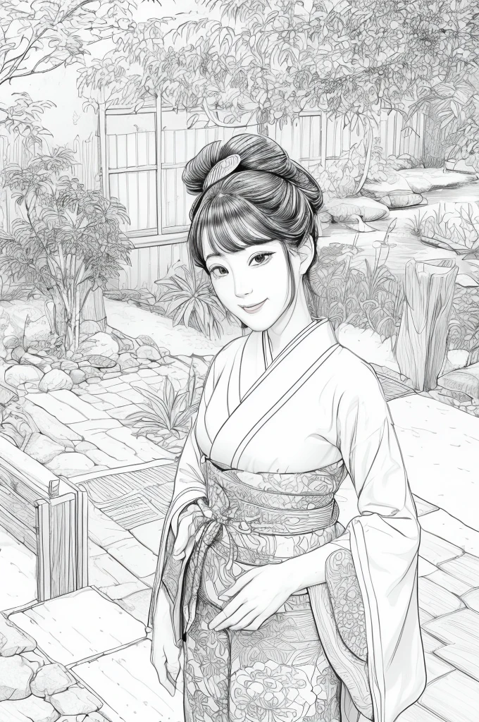 Please create a realistic ukiyo-e illustration of a cute, smiling woman in a kimono that conveys Japanese culture in various poses with (a Japanese garden in the background:1.5), using a simple black and white coloring book that even children can do. The illustration is a illustration with detailed facial features and cartoon-style visuals, (high contrast, sketch, monochrome, clean line drawings for coloring book:1.5)