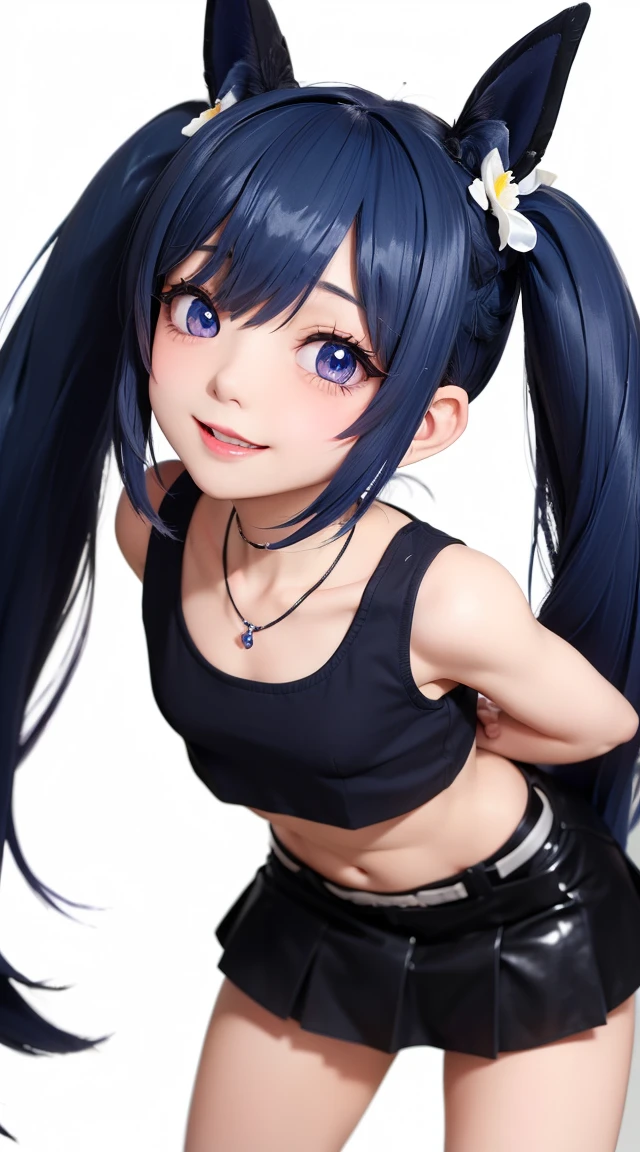 (masterpiece:1.3), (Best Quality:1.3), (Ultra-detailed:1.2), ((kawaii)), Cute, (lovely), ((sexy)), ((Extremely detailed)), 4K, (8K), Best Quality, (Beautiful), Illustration, anime style, (bold line:1.2), Gradation, looking at viewer, //, (bent down:1.1), (arms behind back), //, a cute girl, 1girl, (solo:1.2), gleaming skin, //, (flat chested), (Perfect eyes:1.2), (Perfect iris:1.2), //, darkblue hair color, (beautiful eyes) //, (half closed eyes:1.3), (sexual expression:1.2), Fascinated expression, smile, (blush:1.2), //, modern city background, on rock, twin tails, muscle girl, hard abs, exposed abs, NECKLACE, tight blouse, skirt