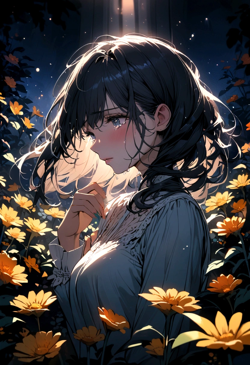 beautiful woman in the flower garden at night crying tears