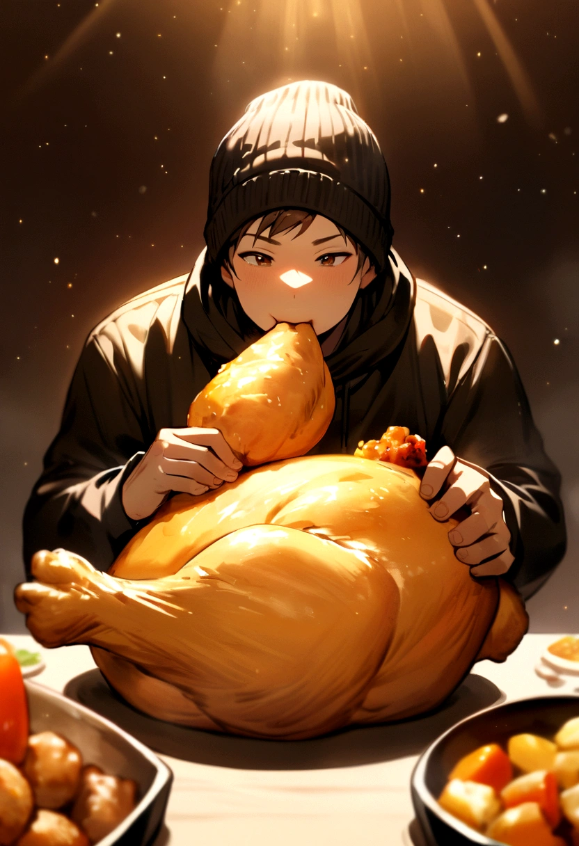 Boy with medium long brown hair and black beanie hat eating with a human sized cooked chicken