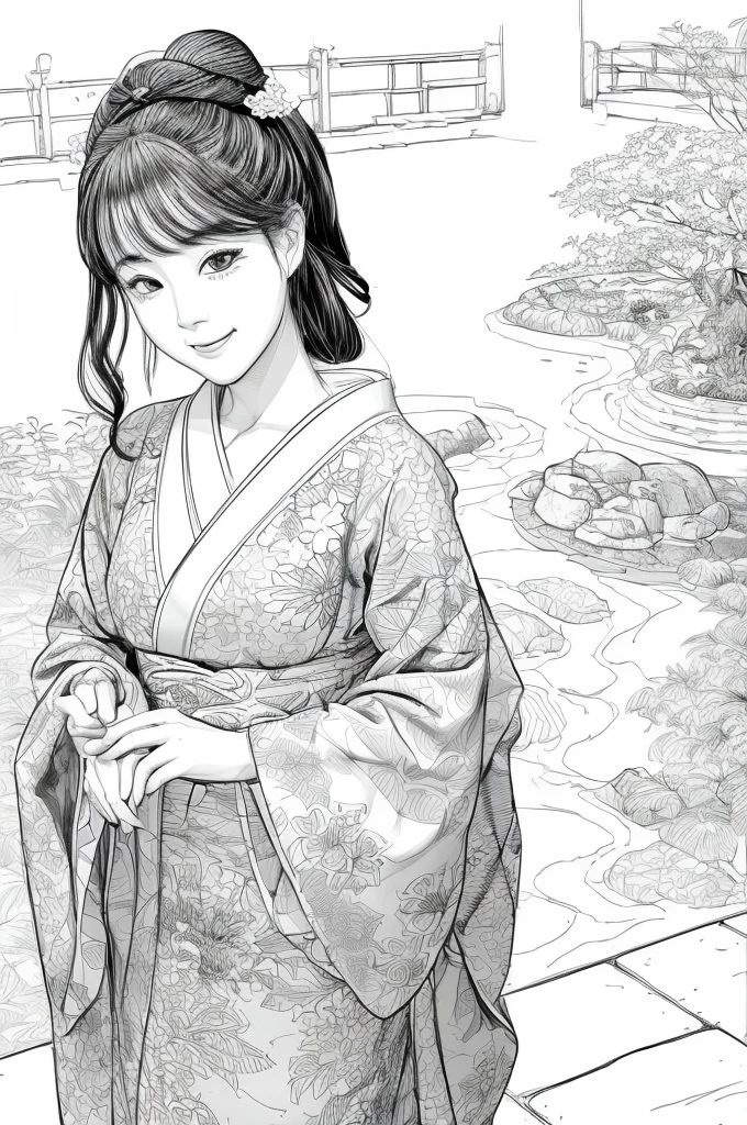 Please create a realistic ukiyo-e illustration of a cute, smiling woman in a kimono that conveys Japanese culture in various poses with (a Japanese garden in the background:1.5), using a simple black and white coloring book that even children can do. The illustration is a illustration with detailed facial features and cartoon-style visuals, (high contrast, sketch, monochrome, clean line drawings for coloring book:1.5)