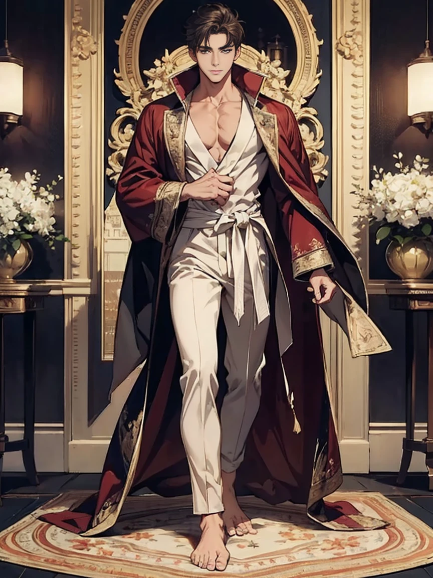 (masterpiece), (highest quality), (super detailed), ultra-detailed, Beautiful face, (((male))), whole body, Down to the toes, Wearing a robe, Stylish, Muscular,