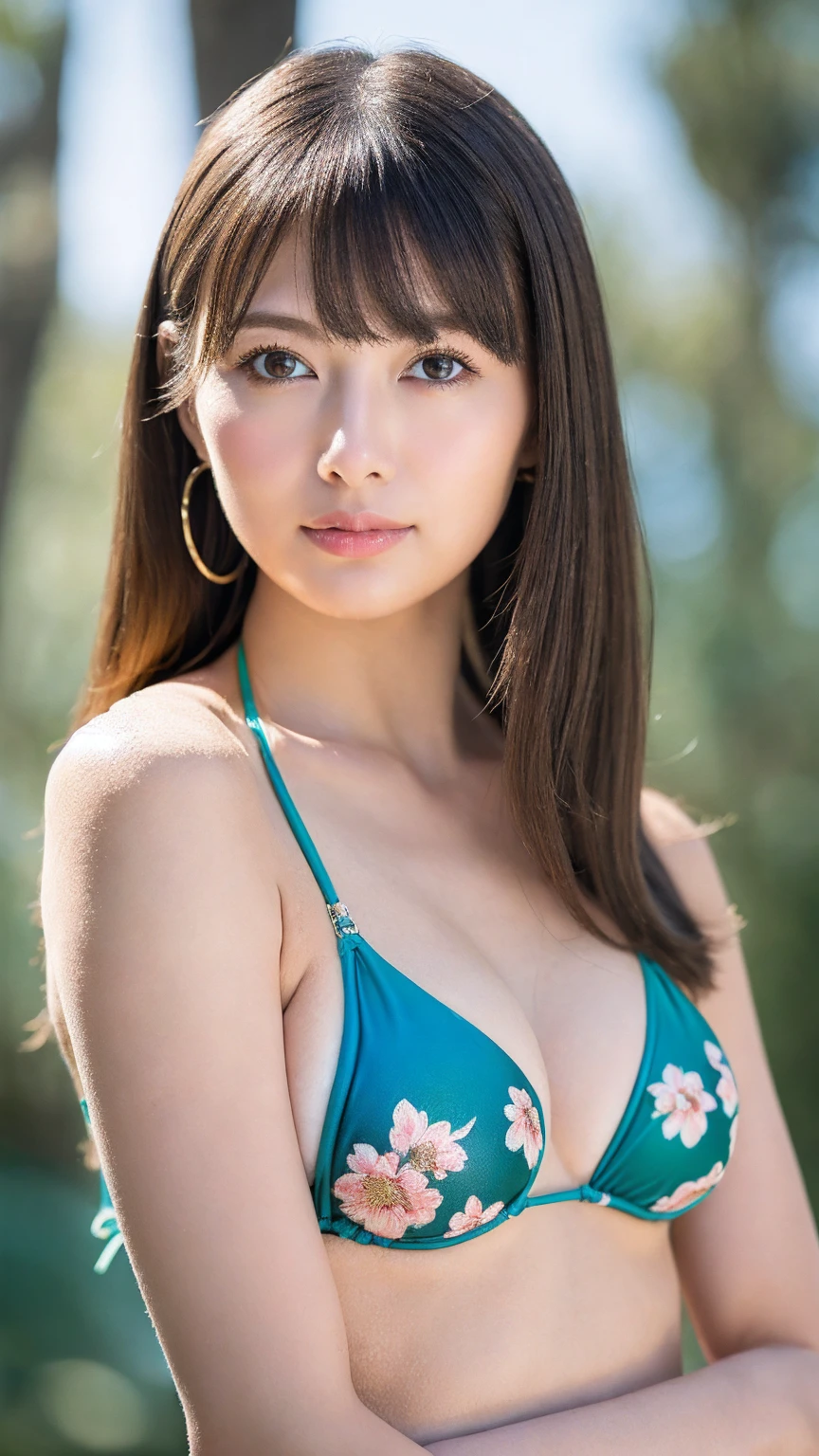  Highest quality, shape, Very detailed, finely, High resolution, 8k wallpaper, 完璧なダイナミックな構shape, Beautiful and exquisite,  Natural Lip, whole body, Navel exposure, front,bangs、University classroom、(((Floral Bikini))),Brown Hair、(Thighs)、The correct five fingers、Looking into the camera,(((Micro Bikini))),