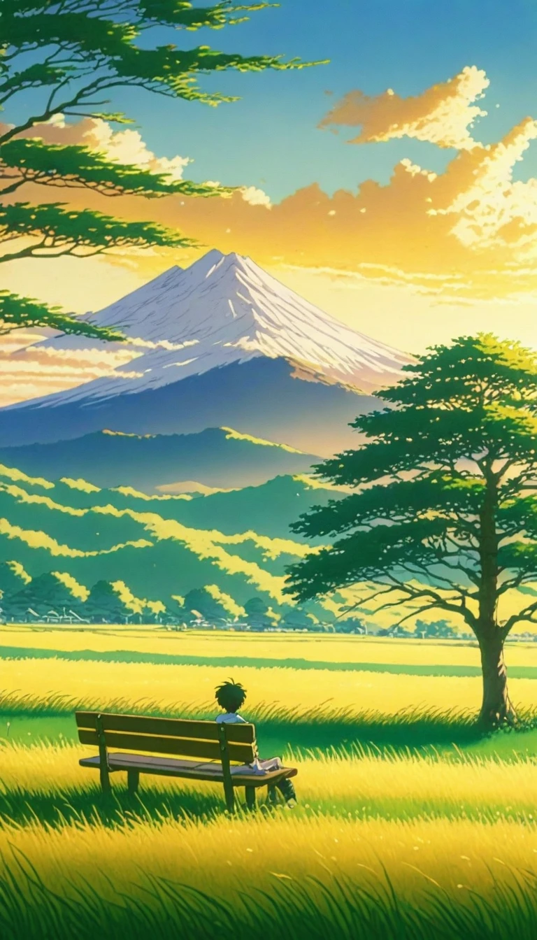 Creates an image of a serene, sunlit rural scene in a vibrant and detailed anime style. The setting is a boy in a meadow sitting next to a tree in an autumn meadow, watching a vast golden yellow sky with white peaks, benches, incredible sunset, tall green grasses, makoto shinkai cyril rolando, 4k anime art wallpaper, small grass, shadows on tree leaves and clouds, and . In the background you can see an infinite mountain range. The sky is a bright blue, dotted with fluffy white clouds. The overall atmosphere is calm and nostalgic, evoking a warm summer day.