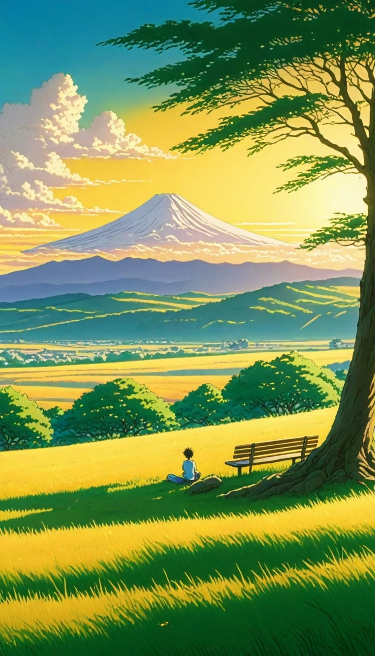 Creates an image of a serene, sunlit rural scene in a vibrant and detailed anime style. The setting is a boy in a meadow sitting next to a tree in an autumn meadow, watching a vast golden yellow sky with white peaks, benches, incredible sunset, tall green grasses, makoto shinkai cyril rolando, 4k anime art wallpaper, small grass, shadows on tree leaves and clouds, and . In the background you can see an infinite mountain range. The sky is a bright blue, dotted with fluffy white clouds. The overall atmosphere is calm and nostalgic, evoking a warm summer day.