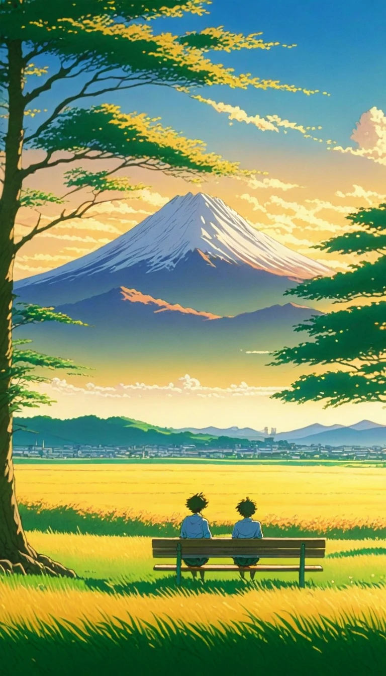 Creates an image of a serene, sunlit rural scene in a vibrant and detailed anime style. The setting is a boy in a meadow sitting next to a tree in an autumn meadow, watching a vast golden yellow sky with white peaks, benches, incredible sunset, tall green grasses, makoto shinkai cyril rolando, 4k anime art wallpaper, small grass, shadows on tree leaves and clouds, and . In the background you can see an infinite mountain range. The sky is a bright blue, dotted with fluffy white clouds. The overall atmosphere is calm and nostalgic, evoking a warm summer day.