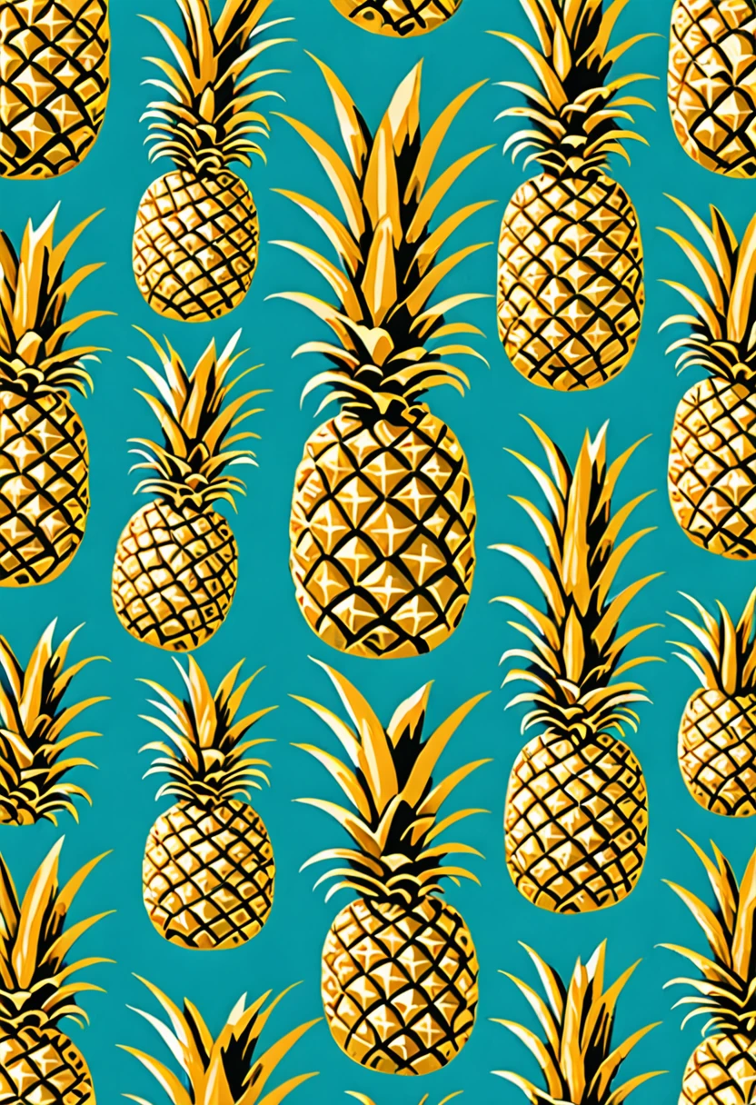 Tropical prints, pineapples and coconuts in a repeating pattern on a turquoise background. The design shows stylized pineapples and coconuts in vibrant colors on a bright turquoise background. The pineapples and coconuts are arranged in an artistic and repetitive manner, creating a cheerful and tropical pattern. The warm, golden tones of the pineapples contrast with the refreshing blue of the turquoise background, evoking the feeling of being on a tropical island. This print is ideal for textiles and decorations that seek to add a touch of freshness and exoticism inspired by the tropics., Abstract expressionism, UHD, masterpiece, accurate, super detail, 16k