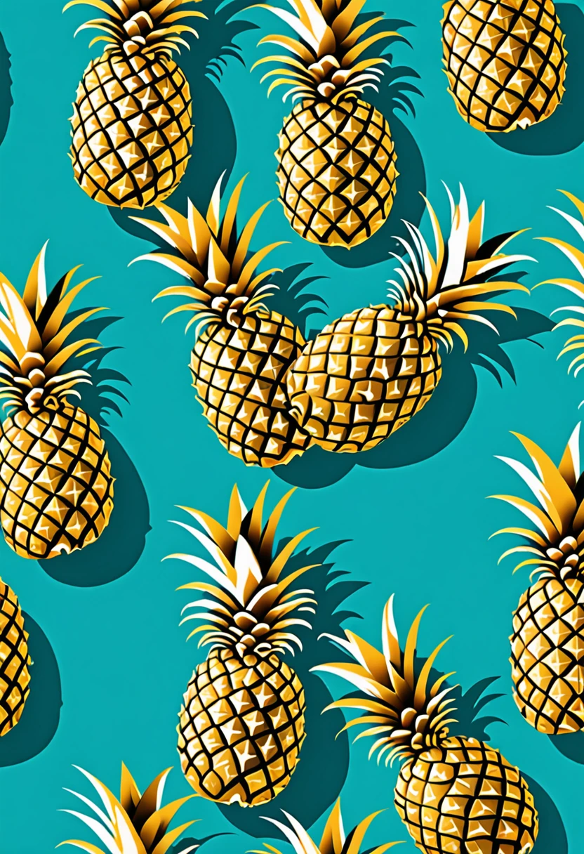 Tropical prints, pineapples and coconuts in a repeating pattern on a turquoise background. The design shows stylized pineapples and coconuts in vibrant colors on a bright turquoise background. The pineapples and coconuts are arranged in an artistic and repetitive manner, creating a cheerful and tropical pattern. The warm, golden tones of the pineapples contrast with the refreshing blue of the turquoise background, evoking the feeling of being on a tropical island. This print is ideal for textiles and decorations that seek to add a touch of freshness and exoticism inspired by the tropics., Abstract expressionism, UHD, masterpiece, accurate, super detail, 16k