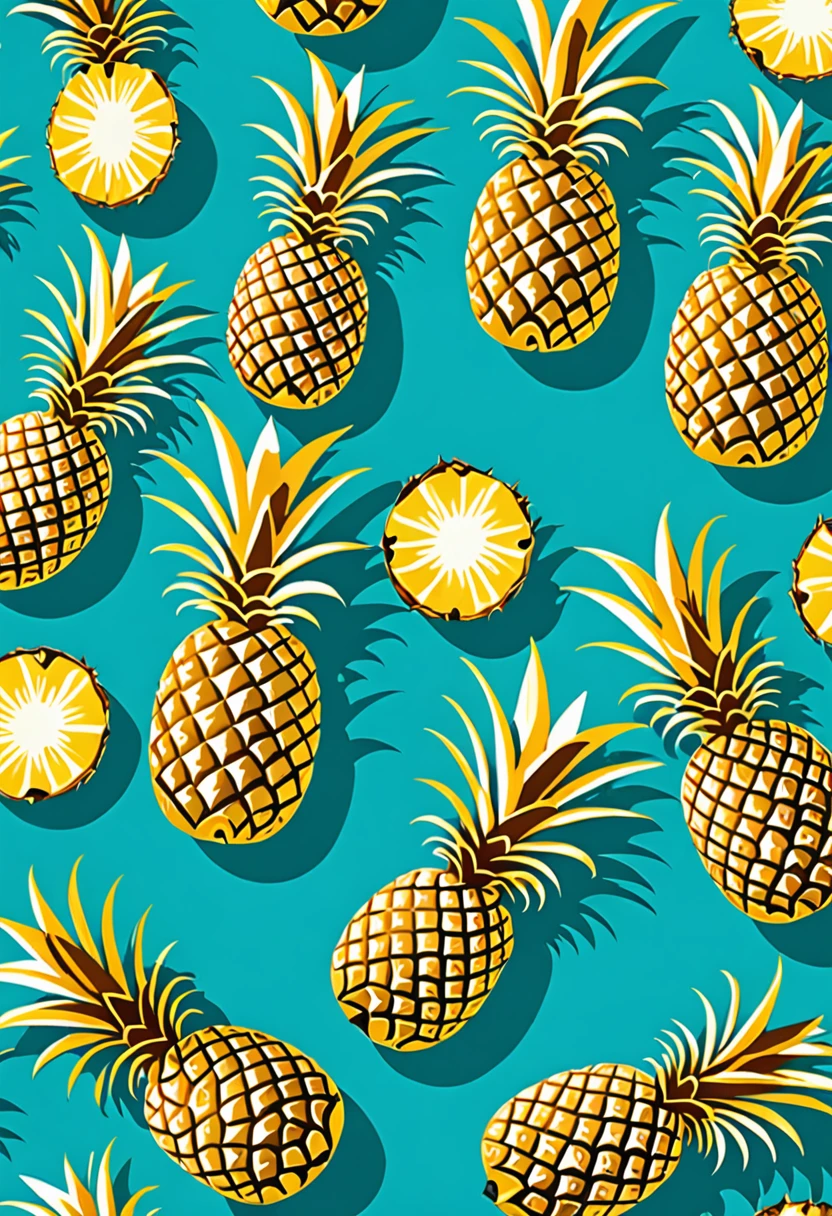 Tropical prints, pineapples and coconuts in a repeating pattern on a turquoise background. The design shows stylized pineapples and coconuts in vibrant colors on a bright turquoise background. The pineapples and coconuts are arranged in an artistic and repetitive manner, creating a cheerful and tropical pattern. The warm, golden tones of the pineapples contrast with the refreshing blue of the turquoise background, evoking the feeling of being on a tropical island. This print is ideal for textiles and decorations that seek to add a touch of freshness and exoticism inspired by the tropics., Abstract expressionism, UHD, masterpiece, accurate, super detail, 16k