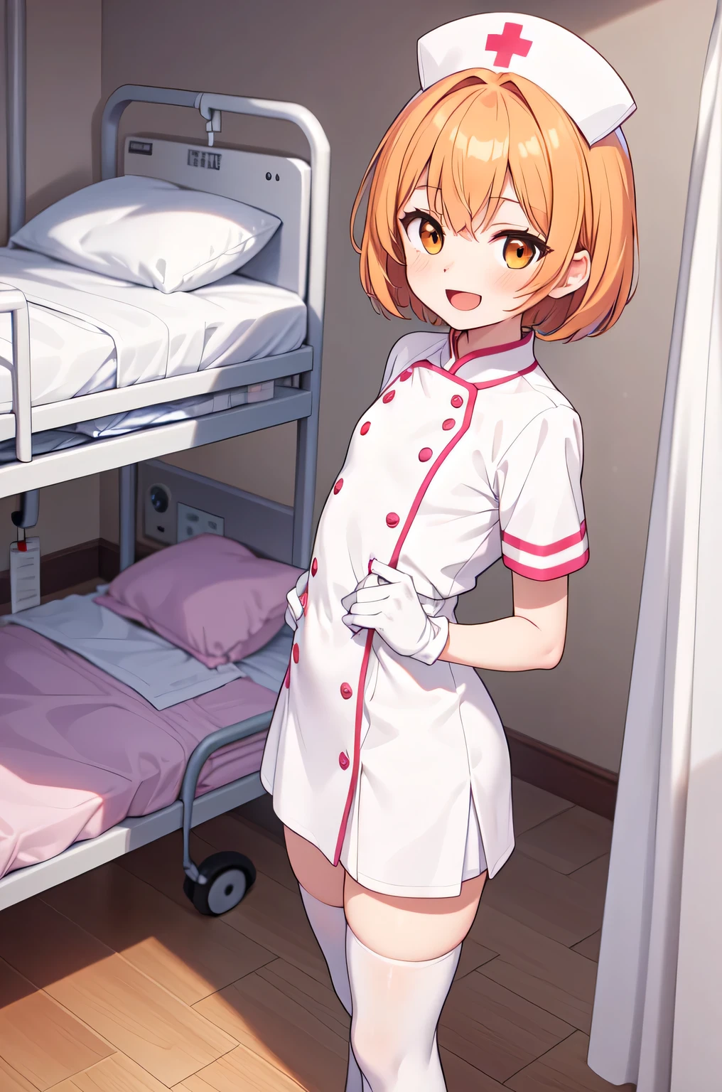 1boy, solo, male focus, nurse, white nurse cap, white nurse uniform, ((white legwear, zettai ryouiki)), white gloves, short hair, orange hair, smile, open mouth, standing, ((hospital room)), sharp outline, short sleeves, shota, ************, best quality, masterpiece