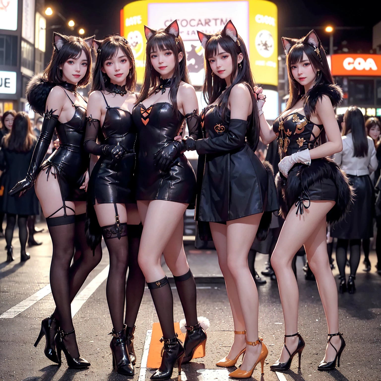 masterpiece, top-quality, top-quality, Beautifully Aesthetic:1.2, ((7 girls)), Halloween night,
((Middle girl is Wearing a high-quality Black Cat costume of fur, gloves of Cat, fur miniskirt):1.2), high detailed,
((Left girl is Wearing a high-quality Red Cat costume of fur, gloves of Cat, fur miniskirt):1.2), high detailed,
((Right girl is Wearing a high-quality Blue Cat costume of fur, gloves of Cat, fur miniskirt):1.2), high detailed,
(Three girls are standing side by side in a neat line:1.3), large breasts, firm breast, nicely shaped breasts, slender figure,
((Dark Brown Hair)), wavy hair, (medium long hair:1.2),
((At the middle of very crowded Shibuya Scramble Crossing decorated with Halloween decorations at late night:1.2)), ((Surrounded by many people dancing for Three girls)), (Full body shot:1.1), (From side:1.3), (Looking at viewer),