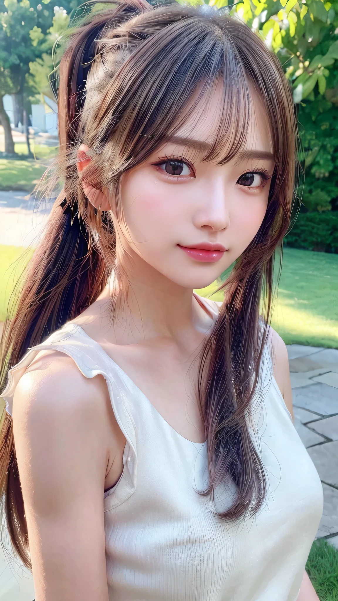 One piece with collar,outdoors,Urban Park,On the lawn,Ultra-detailed, finely detail, hight resolution, 8K Wallpaper, Perfect dynamic composition, Beautiful detailed eyes,Outdoor,Close-up of face,Outdoor,Blushing,Facing forward,,Long hair ponytail,((8k, Raw photo, Best Quality, Mastepiece:1.2), (Realism, Photorealistic:1.4), (Highly detailed 8K wallpapers), Depth of written boundary, Cinematic Lighting, Soft Light, Detailed Beauty Eye,Shiny and smooth light brown ponytail, Asymmetrical bangs, Shiny skin, Ultra-detailed skins ,It is high resolution., High detail, Detailed hairstyle, Detailed facial beauty, Hyper-realistic, Perfect limbs, Perfect Anatomy ,1 Japanese girl,Famous Japanese Idols, Perfect female body,A shy smile,Short eyelashes,Double-edged eyelids,Look straight here,Hair style: ponytail,