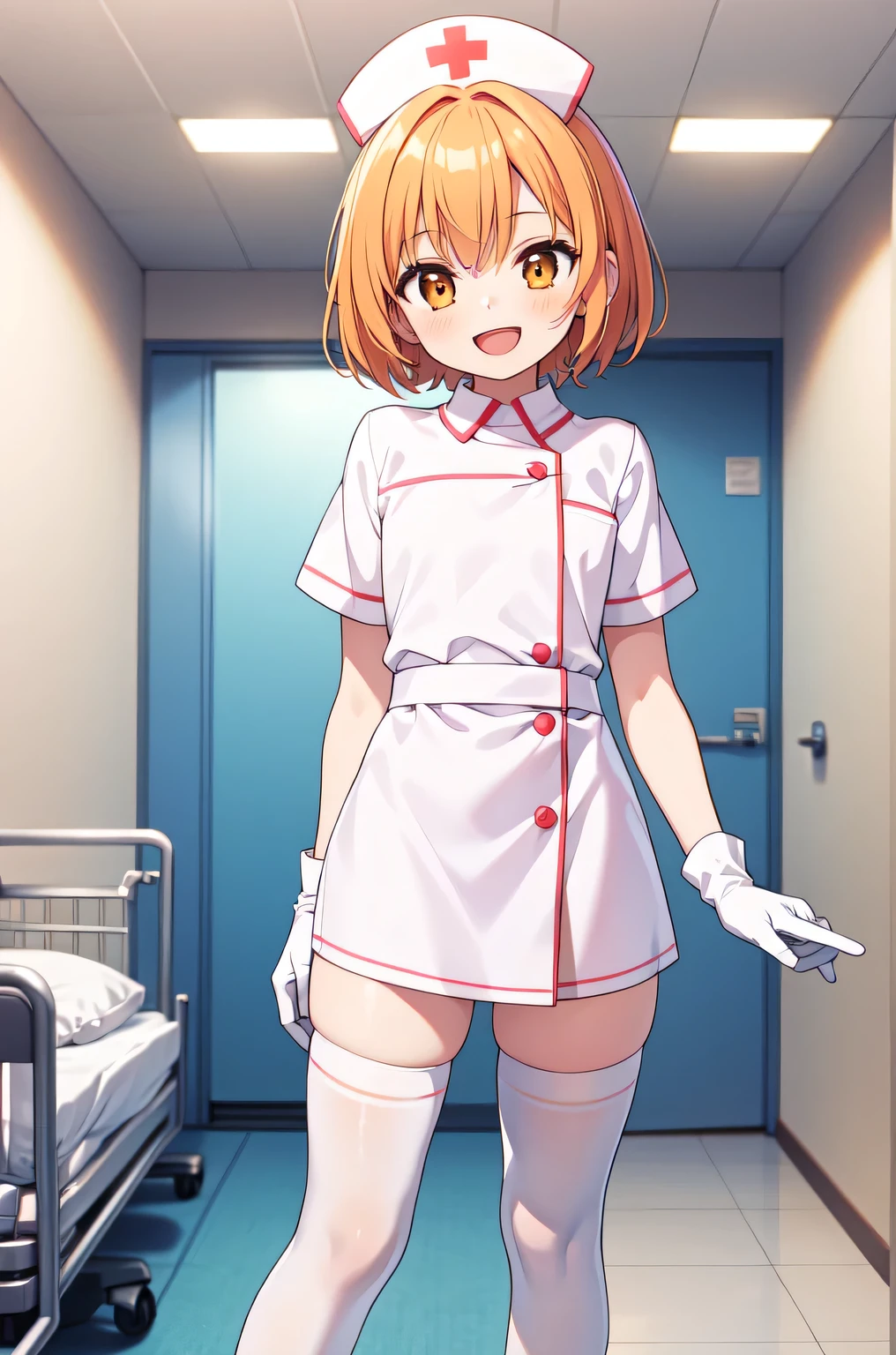 1boy, solo, male focus, nurse, white nurse cap, white nurse uniform, ((white legwear, zettai ryouiki)), white gloves, short hair, orange hair, smile, open mouth, standing, ((hospital room)), sharp outline, short sleeves, shota, ************, best quality, masterpiece