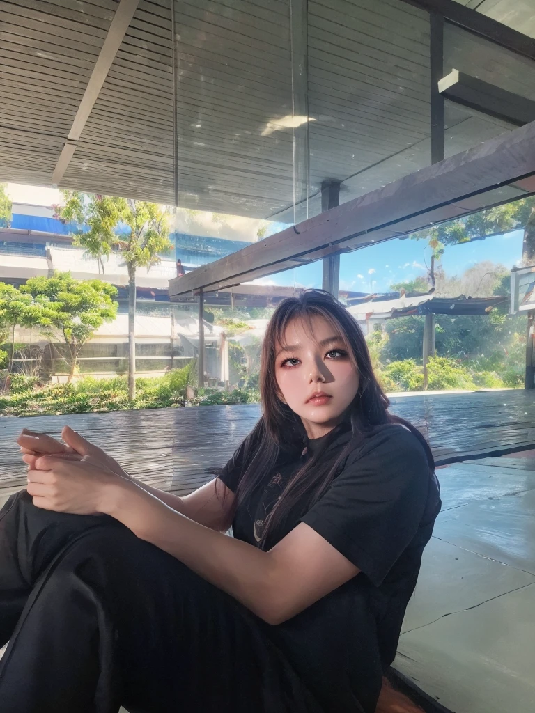 Asian girl, blackquality hair, eyes black, black shirt and black pants, sitting in a forest, with animals around, full hd, 4K