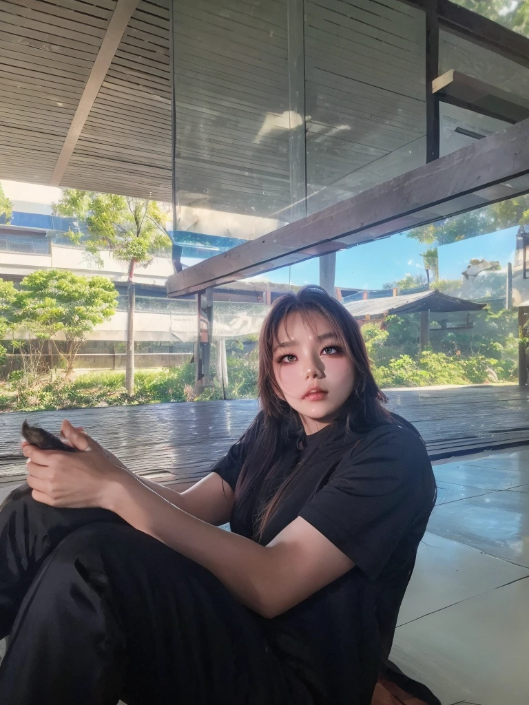 Asian girl, blackquality hair, eyes black, black shirt and black pants, sitting in a forest, with animals around, full hd, 4K