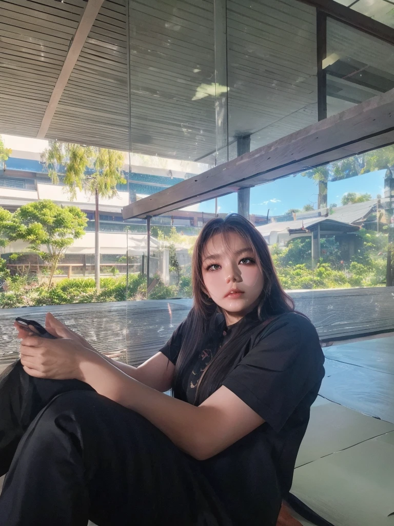 Asian girl, blackquality hair, eyes black, black shirt and black pants, sitting in a forest, with animals around, full hd, 4K