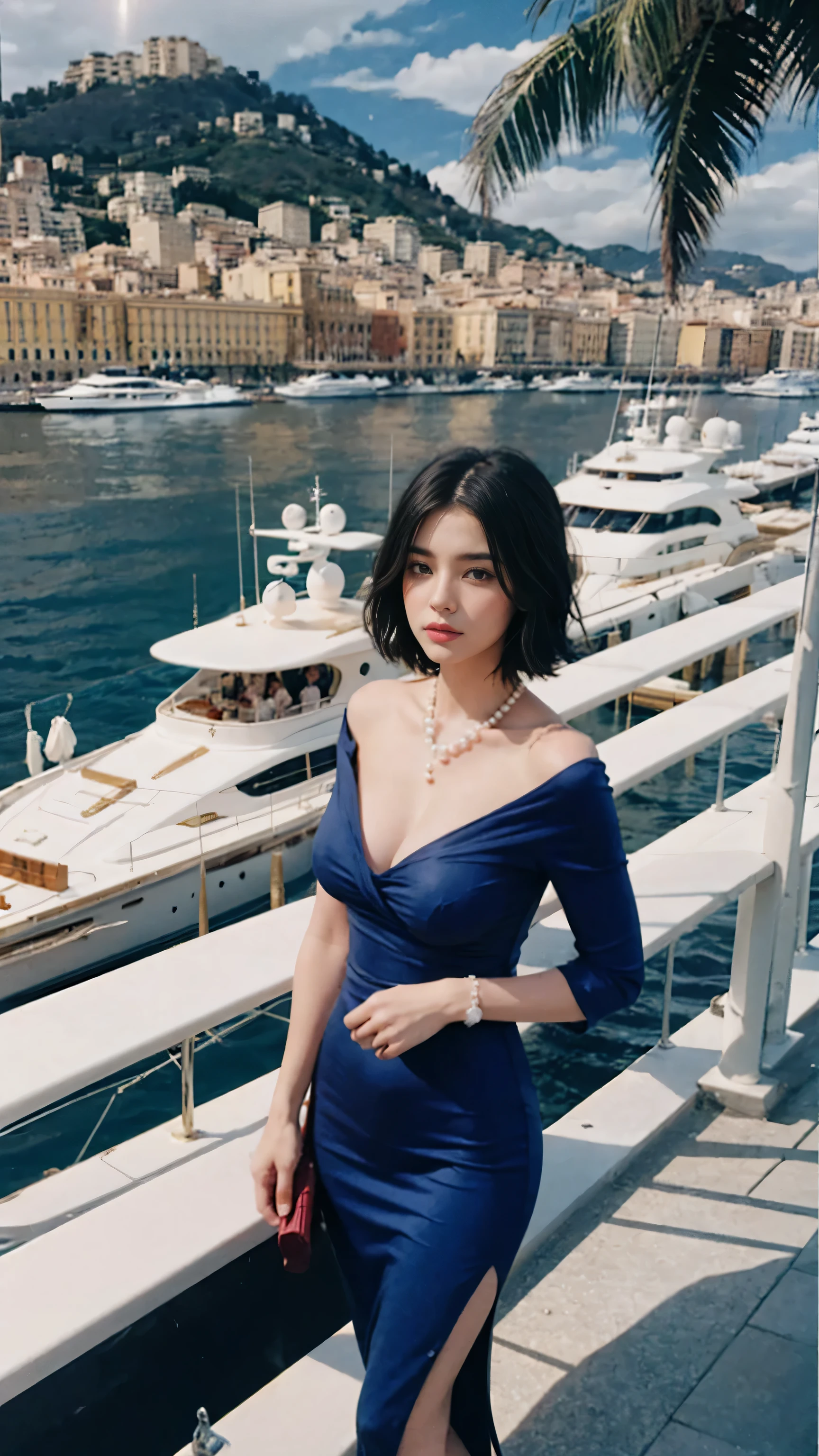 1 girl, beautiful, (black bob hair,) almond eye, no makeup, ,sparkling blue eyes, and olive skin. She stands tall in a red gown that reaches the floor, reflecting the sunlight off the yachts. A single pearl necklace adorns her neck. The scene takes place on a balcony overlooking the luxurious harbor of Monte Carlo with yachts docked against a backdrop of the iconic Casino de Monte-Carlo, resembling a grand castle.(very detailed:1.1), ((masterpiece)),summer, blue sky, palm trees,sunny,
