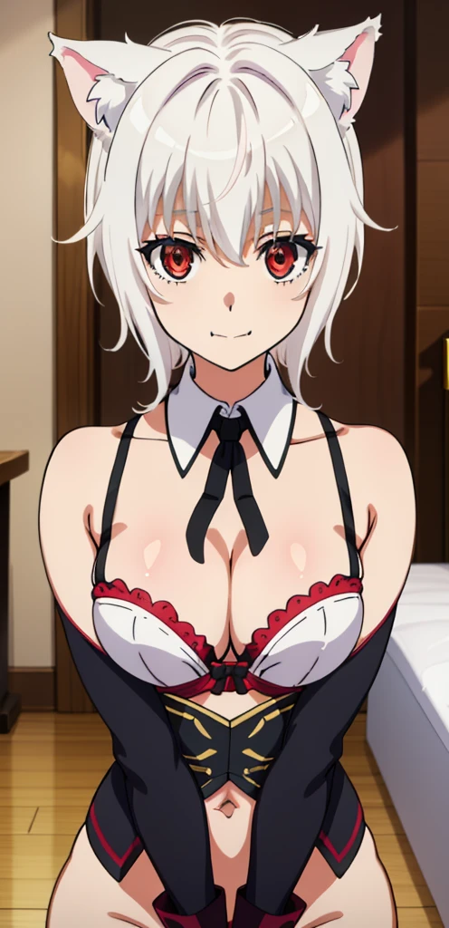 Best Quality, (Masterpiece:1.2), High Detailed, Cat Ears, 1girl, solo, tojo koneko, looking at the viewer, closed mouth, light smile, red eyes, white hair, short hair, hair decoration, cleavage, black neckband, erotica, sleeveless, bare legs, healthy skin, ((bra)), (indoors), ((nsfw))