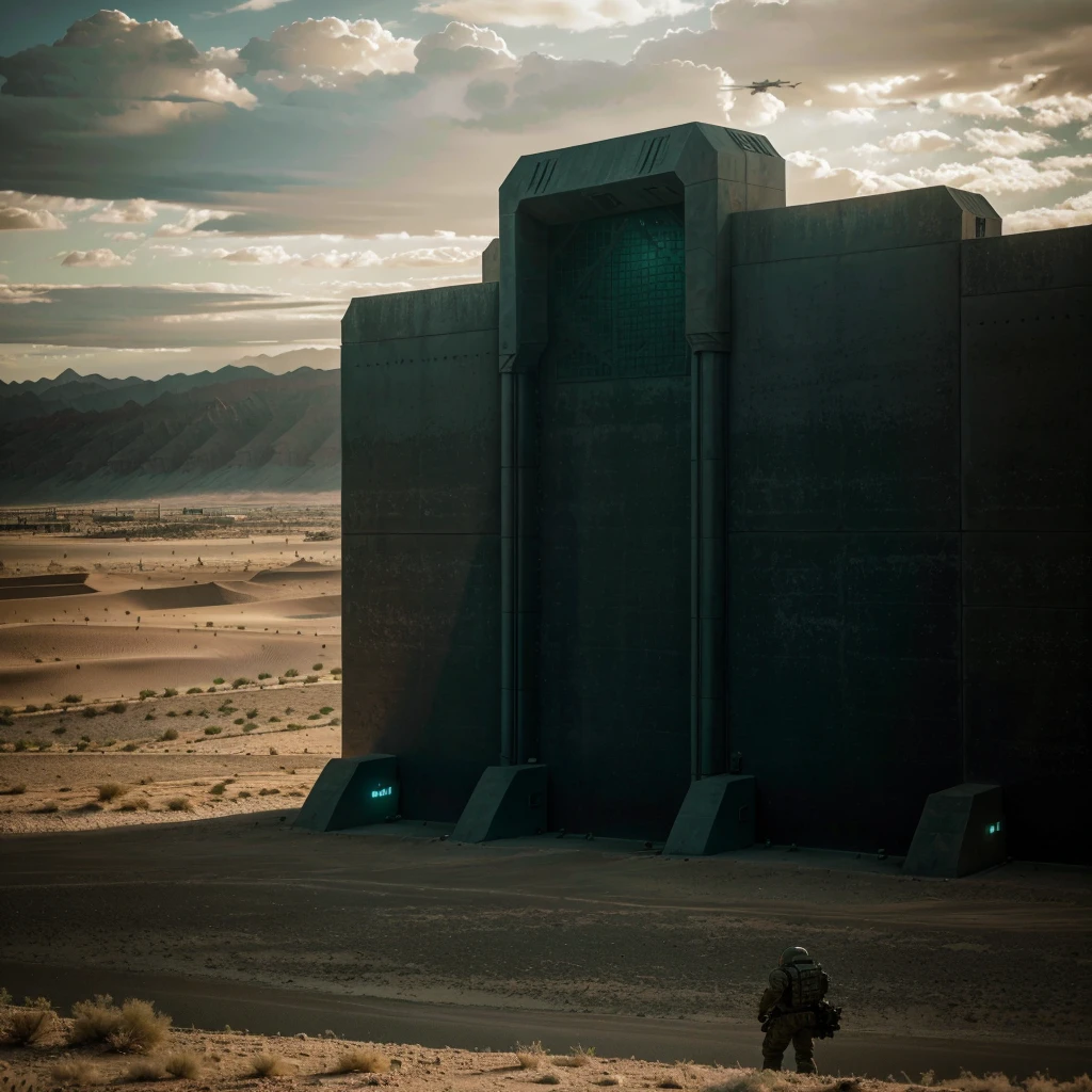 A futurist military wall in the desert. Scene of a futuristic war on a sci fi planet lot of details,cloudy day, dark lights cinematic lights best quality,4k,8k,highres, t Dark and green landscapeatmosphere that conveys sadness, 8k, ultra realistic, dramatic lighting.