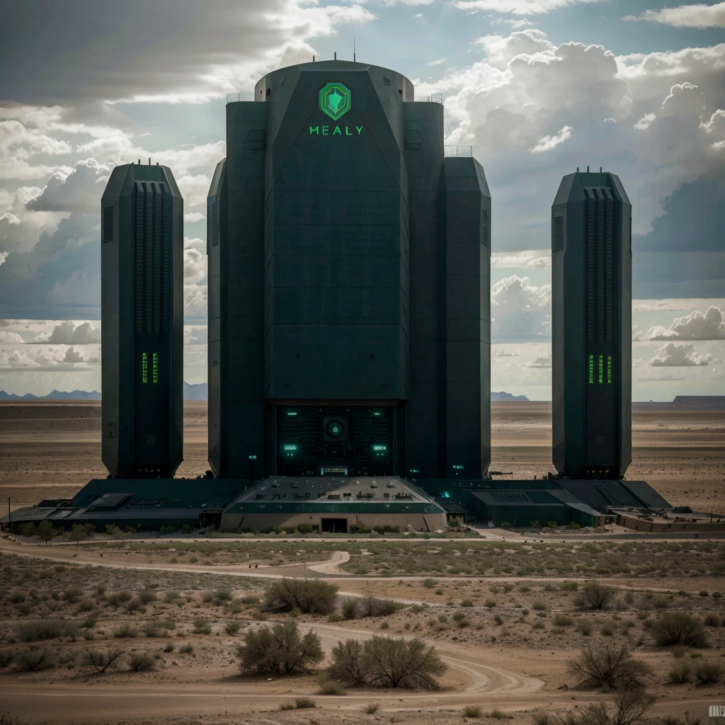 A futurist military wall in the desert. Scene of a futuristic war on a sci fi planet lot of details,cloudy day, dark lights cinematic lights best quality,4k,8k,highres, t Dark and green landscapeatmosphere that conveys sadness, 8k, ultra realistic, dramatic lighting.