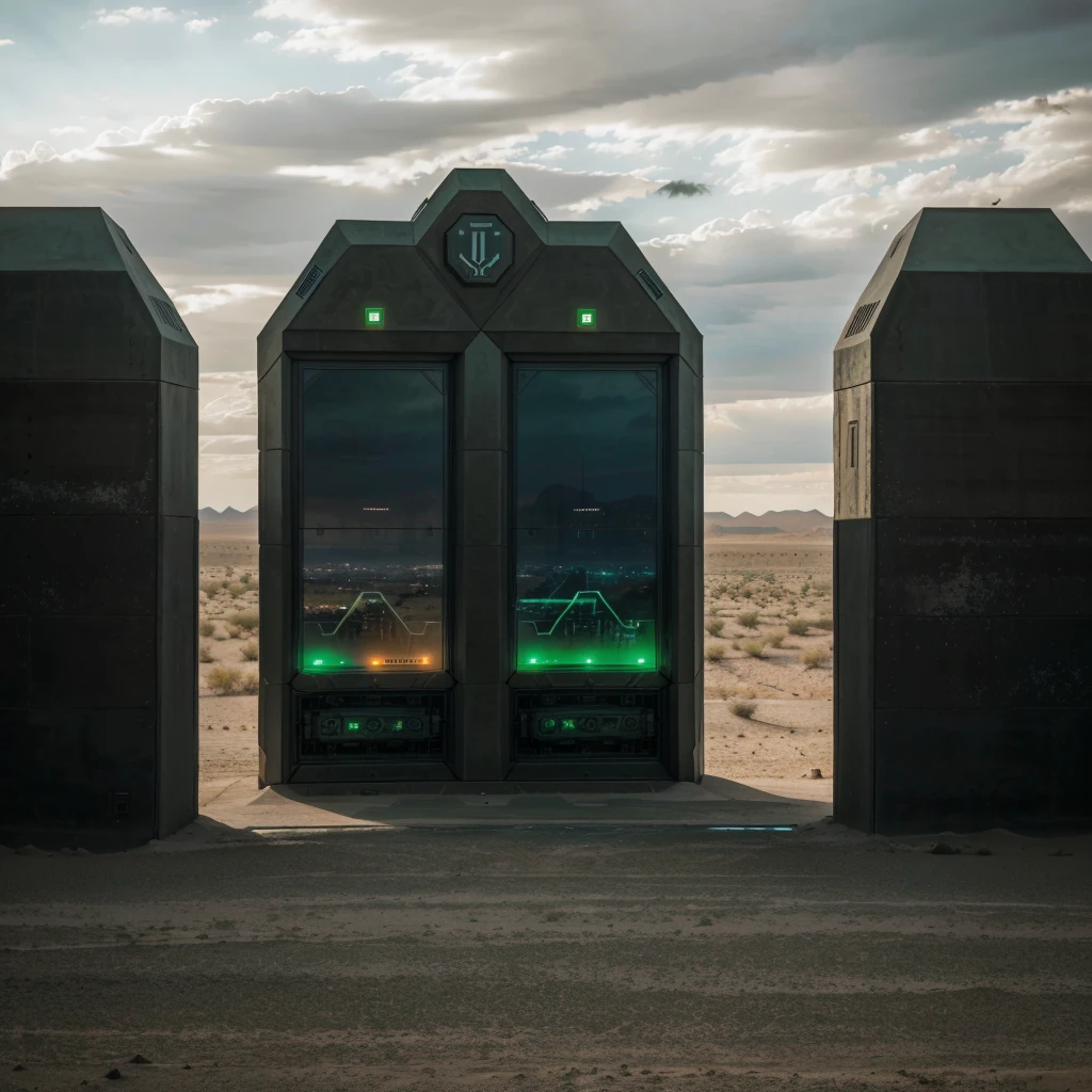 A futurist military wall in the desert. Scene of a futuristic war on a sci fi planet lot of details,cloudy day, dark  lights cinematic lights best quality,4k,8k,highres, t Dark and green landscapeatmosphere that conveys sadness, 8k, ultra realistic, dramatic lighting.