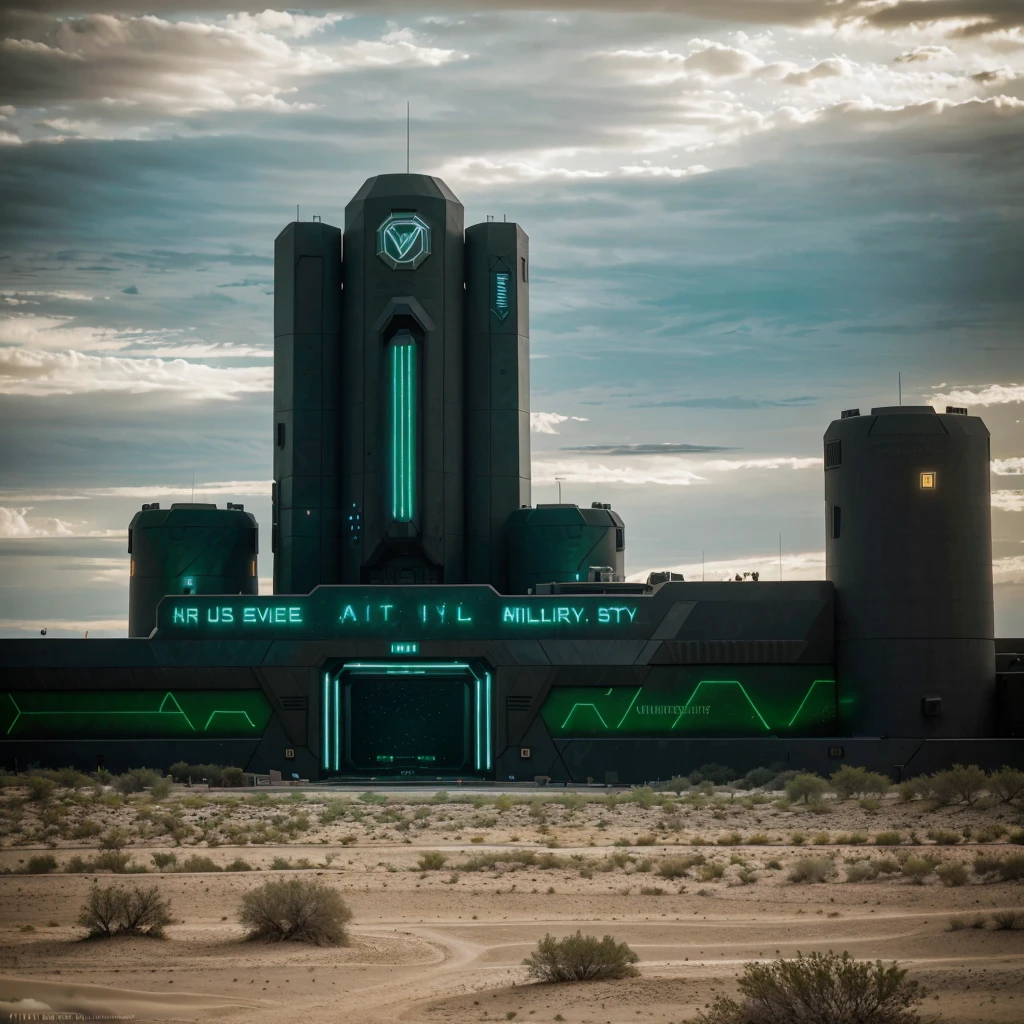 A futurist military wall in the desert. Scene of a futuristic war on a sci fi planet lot of details,cloudy day, dark  lights cinematic lights best quality,4k,8k,highres, t Dark and green landscapeatmosphere that conveys sadness, 8k, ultra realistic, dramatic lighting.