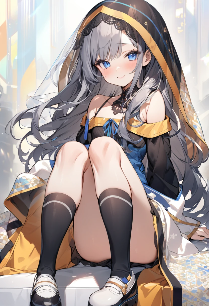 ((Highest quality)), ((masterpiece)), ((Very detailed)), (Very mature),A cute, gentle-looking female high school student with black hair and a height of about 165cm.,A female high school student with a cute smile and small breasts wearing a transparent blue waifus with a cute patterned hood and bare shoulders, A gentle woman with a slightly long vertical face,Small Faced Woman,alone, Cute attitude,(background(bright),Long Hair - Straight,Knee-high socks、A transparent blue veil with a cute pattern and white hood with off-the-shoulder sleeves,White wall、Sitting、Facing the viewer、縁に模様がある壁が1面のbackground