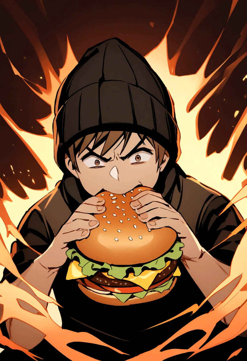 Boy with medium long brown hair and black beanie hat eating a hamburger in a threatening manner