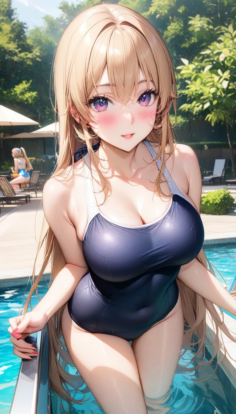 (masterpiece),(Highest quality),(Very detailed),(Best illustrations),(Best Shadow),Natural Light,(Detailed Background),(とてもbeautiful)(masterpiece),(Highest quality),(Very detailed),(Best illustrations),(Best Shadow),(Detailed Background),(とてもbeautiful), masterpiece, Highest quality, High resolution,,(masterpiece1.5),super high quality, Super detailed,Perfect drawing,One girl,alone,(blush),Luxury Resort Pool,beautiful,School Swimsuit,(Swimsuit:1.2)Sparkling,Super cute,(I confess Erina:1.2),(Highest quality,High resolution,masterpiece:1.2),Super detailed,Vibrant colors,View here,beautiful女性、光沢のあるbeautiful肌,、((Clear Face))、High Resolution、Vibrant colors、完璧なbeautiful女の子、