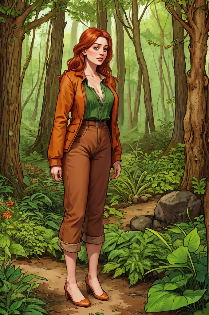 rubenesque woman, standing in a forest glade, small brook, woman, reddish-blonde, freckles, clothes made of vines