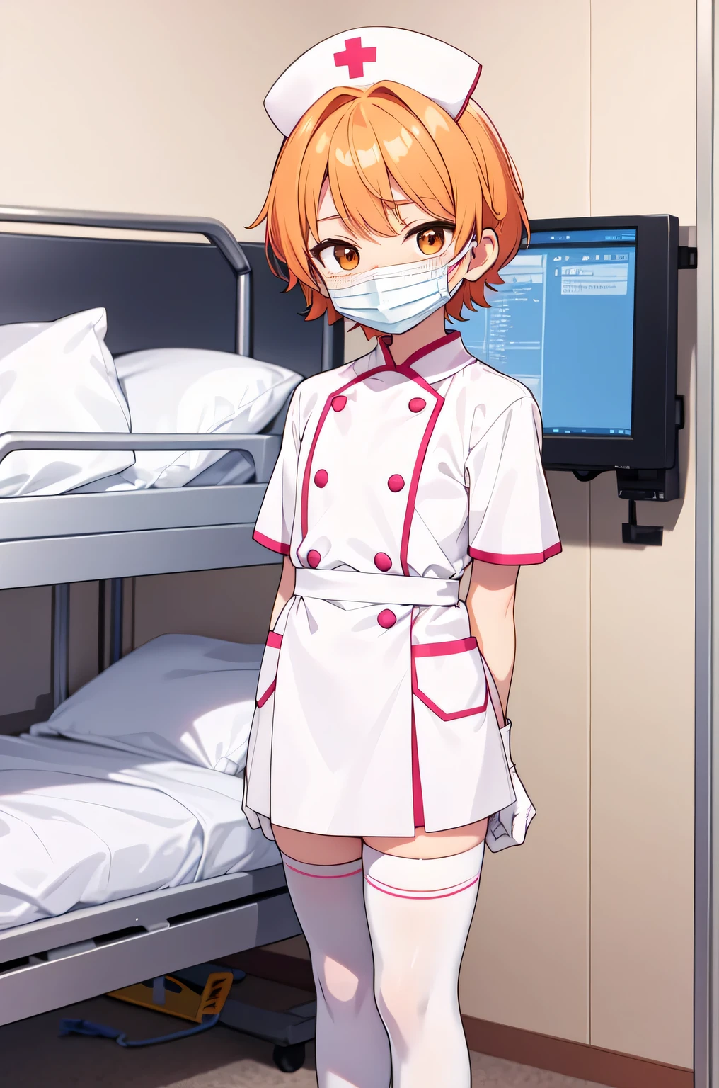 1boy, solo, male focus, nurse, white nurse cap, white nurse uniform, ((white legwear, zettai ryouiki)), white gloves, short hair, orange hair, ((white surgical mask, covered nose)), standing, ((hospital room)), sharp outline, short sleeves, shota, ************, best quality, masterpiece