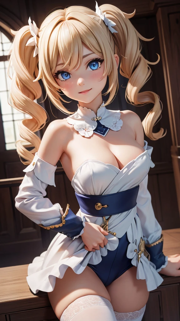 (extremely detailed CG unity 8k wallpaper,masterpiece, best quality, ultra-detailed, beautiful detailed eyes:1.2), high saturation, 1girl, barbara \(genshin impact\), frilled dress, bare shoulders, blonde hair, twintails, dancing, church, smile, looking at viewer,