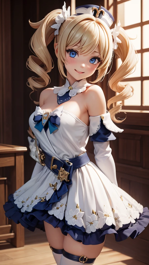 (extremely detailed CG unity 8k wallpaper,masterpiece, best quality, ultra-detailed, beautiful detailed eyes:1.2), high saturation, 1girl, barbara \(genshin impact\), frilled dress, bare shoulders, blonde hair, twintails, dancing, church, smile, looking at viewer,