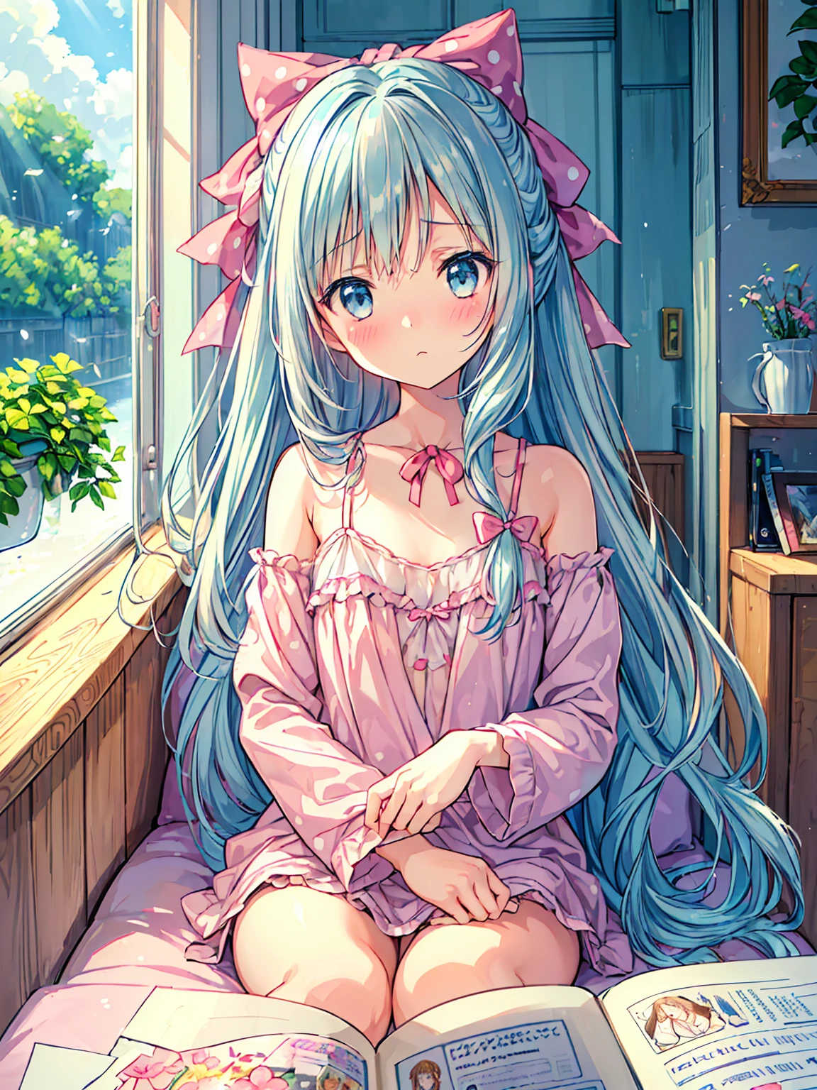 masterpiece, best quality, extremely detailed, (illustration, official art:1.1), 1 girl ,(((( light blue long hair)))), light blue hair, ,10 years old, long hair ((blush)) , cute face, big eyes, masterpiece, best quality,(((((a very delicate and beautiful girl))))),Amazing,beautiful detailed eyes,blunt bangs((((little delicate girl)))),tareme(true beautiful:1.2), (best quality, highres, masterpiece:1.2), beautiful girl, sitting alone, looking at the viewer, , long hair, hair bow, pajamas, polka dots, indoor, bedroom, pillow, holding a pillow, hugging a pillow, window, night sky, stuffed animal, messy room, curtains, closed mouth, blushing, sweat drops、(flat chest),shinshitsu,night