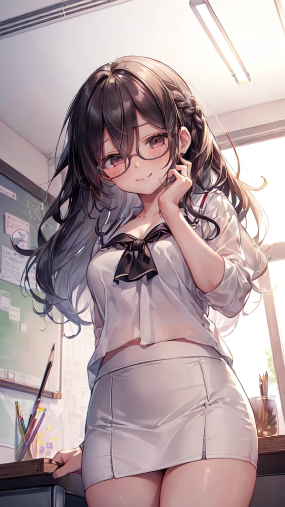 (Ultra-high resolution of the highest quality, masutepiece, Best Quality, 8K, Super Detail, Best Quality:1.3), (Anatomically correct:1.2), (1 elementary school female teacher:1.6), (large breasts:1.1), (drooping eyes:1.3), (blush cheek, blush body:1.3), (wavy hair, braid hair:1.2), (long hair:1.2), (black hair:1.2), (glasses:1.3), (white blouse, pencil skirt:1.7), (class room:1.1), front view, Extremely cute, (extremely detailed beautiful face), Authentic skin texture, beautiful hair, beautiful face, beautiful eyes, beautiful body, beautiful hands, (clothed:1.6), (naughty face, seductive smile:1.6), (hair over eyes:1.5), (looking down:1.3), (face focus:1.6), cleavage breasts focus, (from below:1.3), (standing:1.2), (slouch:1.3), (Put hands on knees:1.3)