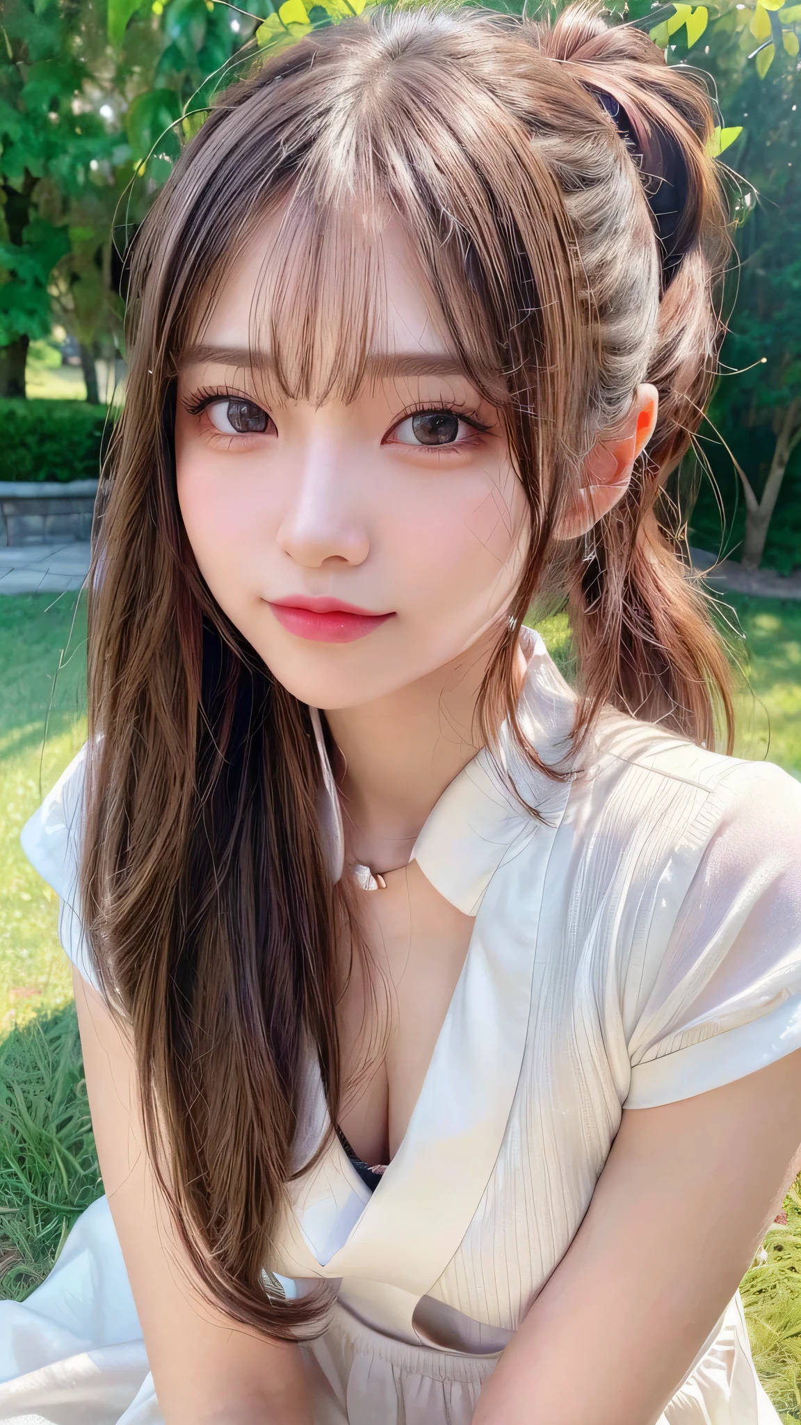 One piece with collar,outdoors,Urban Park,On the lawn,Ultra-detailed, finely detail, hight resolution, 8K Wallpaper, Perfect dynamic composition, Beautiful detailed eyes,Outdoor,Close-up of face,Outdoor,Blushing,Facing forward,,Long hair ponytail,((8k, Raw photo, Best Quality, Mastepiece:1.2), (Realism, Photorealistic:1.4), (Highly detailed 8K wallpapers), Depth of written boundary, Cinematic Lighting, Soft Light, Detailed Beauty Eye,Shiny and smooth light brown ponytail, Asymmetrical bangs, Shiny skin, Ultra-detailed skins ,It is high resolution., High detail, Detailed hairstyle, Detailed facial beauty, Hyper-realistic, Perfect limbs, Perfect Anatomy ,1 Japanese girl,Famous Japanese Idols, Perfect female body,A shy smile,Short eyelashes,Double-edged eyelids,Look straight here,Hair style: ponytail,