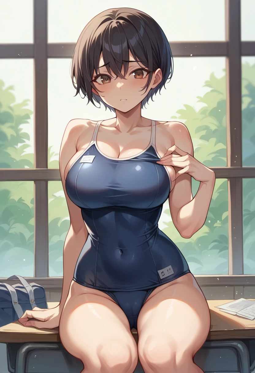 masterpiece、Highest quality、Best image quality、High resolution、、Short black hair、Brown eyes、short hair、Black school swimsuit、Muji school swimsuit