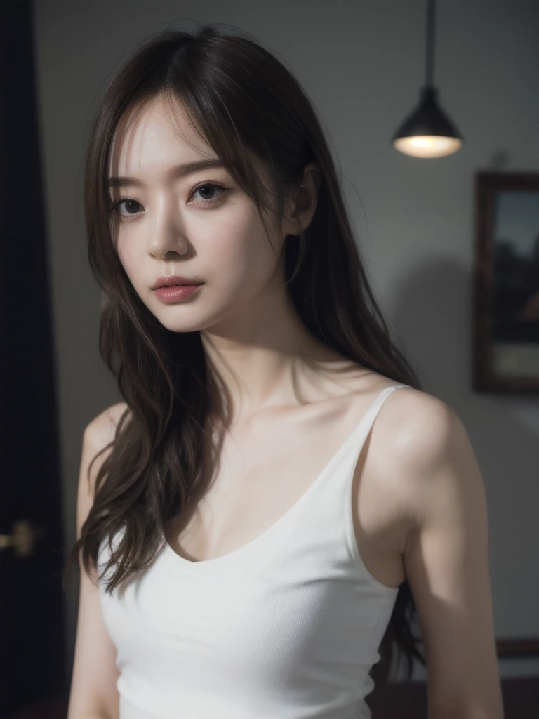1girl, woman, masterpiece, best quality, highest quality, cinematic lighting, (volumetric lighting), extremely detailed CG unity 8k wallpaper, focused, 8k wallpaper, extremely detailed, ultra realistic, photorealistic, sharp focus, absurdres, (HDR:1.2), (high contrast), photograph, detailed and intricate, instagram, portrait, highly detailed, digital painting, artstation, concept art, smooth, sharp focus, illustration, cinematic lighting, (whole body:1.2), (White tanktop)