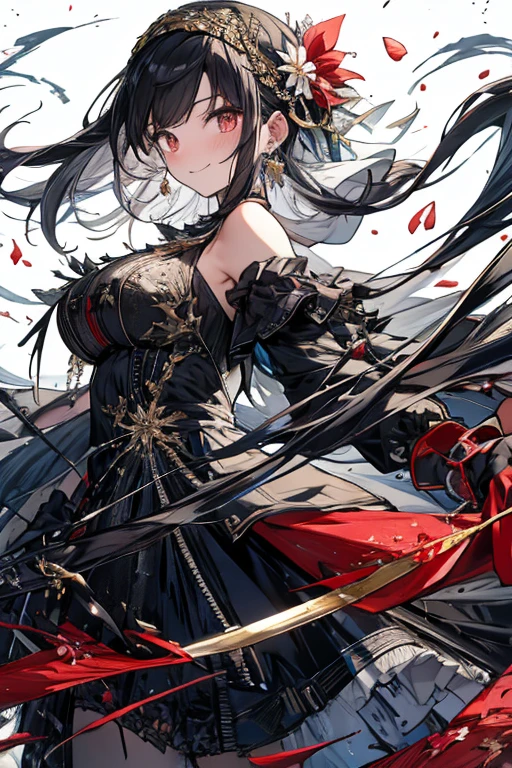 (dynamic angle:1.3, front view:1.1, breast focus:1.3, from below:1.2), (dynamic posing:1.5, sexy posing:1.2, leaning forward), (seductive smiling:1.3),(*K) HD, highest quality, Anime style beutiful woman, 1girl,fullbody, happy, (with sparkling eyes and a contagious smile:1.2), red face, closed mouth, beautiful detailed eyes, super detailed skin, backlighting, bare shoulders, black background, black dress, black gloves, silver hair, breasts, dress, earrings, fingerless gloves, floating hair, floral print, flower, gloves, gold earrings, gold hairband, hair flower, hair ornament, hairband, holding, holding two-hands weapon, jewelry, medium breasts, long hair, looking at viewer, off-shoulder dress, off shoulder,red eyes, short hair with long locks, sidelocks, solo, spikes, thighs, two-sided dress, two-sided fabric, weapon, fighting stance , face, close up, from above, highest quality, high resolution,Real World, Natural light,perfect Natural light,looking at viewer,
