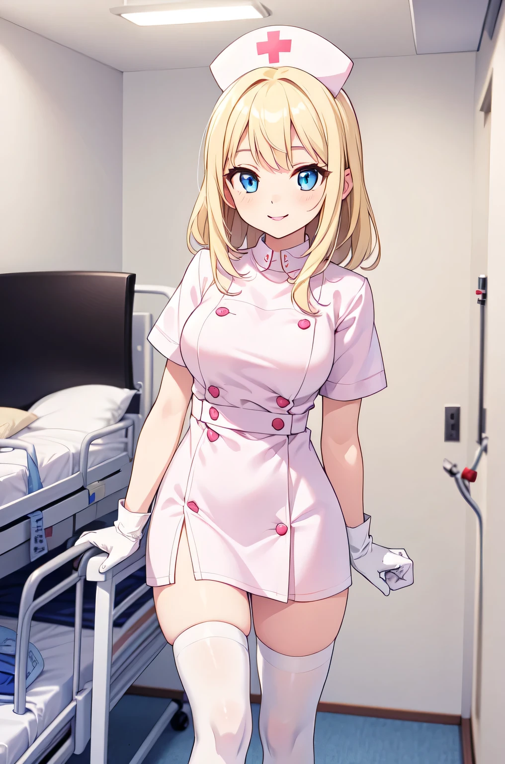 1woman, solo, nurse, white nurse cap, white nurse uniform, ((white legwear, zettai ryouiki)), white gloves, blonde hair, blue eyes, pink lips, smile, standing, ((hospital room)), sharp outline, short sleeves, mature female, 35 years old, best quality, masterpiece