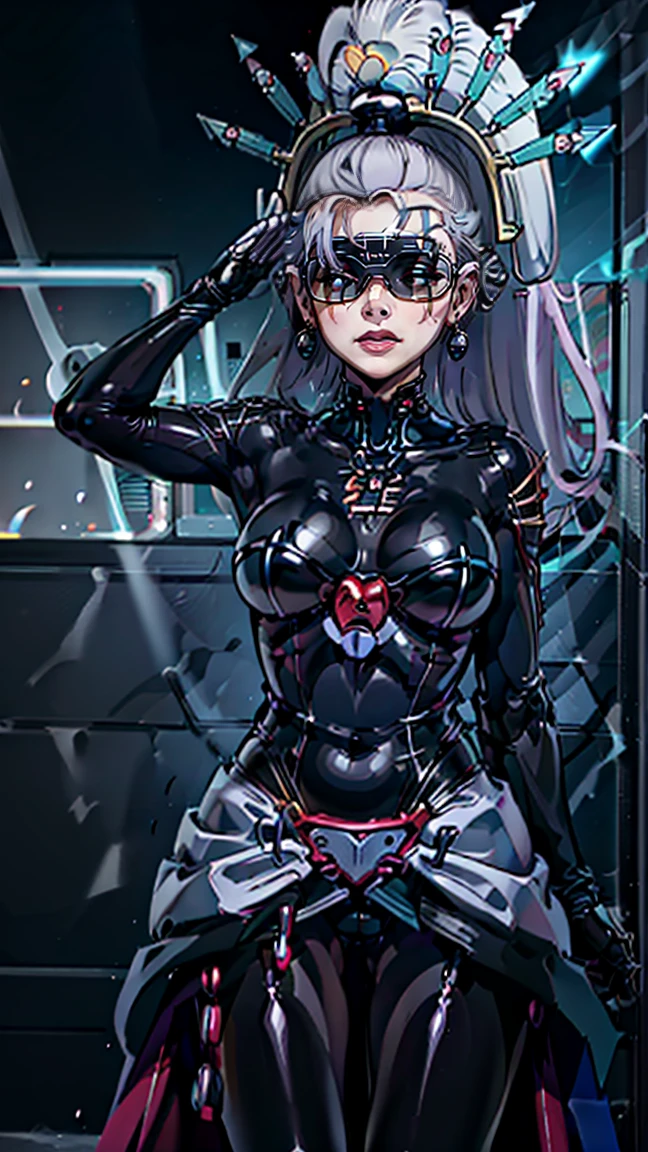 1 Girl,Browsing Caution,Helmet,(( brainwashing, visor)), wire, ((yvraine, long hair, jewelry, very long hair, ponytail)),Unsdef,short hair, Brown Hair, hair ornaments, high ponytail, ponytail,Huge breasts, clavicle, Glowing purple eyes,absurdes, brainwashing,Hollow Eyes, ((Expressionless,Emotional erasure)), (Black latex tight bodysuit),avert your eyes , Whole body shape,((stand up, salute))(Highest quality、4K、8K、High resolution、Must have:1.2)、Very detailed、(reality、Realisticです、Realistic:1.37)、ticker、hyper HD、Studio Lighting、Ultra High Definition Paint、Sharp focus、Physically Based Rendering、Extreme Detail、Professional specifications、Vibrancy and color、Blurred、Sports portrait、landscape、Horror Style、Anime Big 、sf、photograph、Concept Artist、Five Fingers, Perfect body, {{{masterpiece}}}, {{{Highest quality}}}, {{Very detailed}}, {shape}, {{Very delicate and beautiful}},Improved cost performance、all roles、Canon 5D MK4でphotograph、photograph,